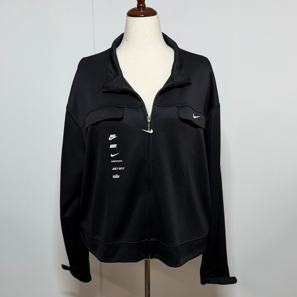Nike Jacket Womens 2X Black Polyknit Track Sportswear Swoosh Full Zip Active